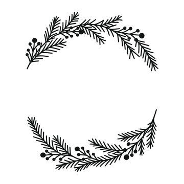 Merry Christmas wreath with fir branches, twigs, holly berries. Holiday circle frame vector illustration. Nature design greeting card template. Winter xmas decoration.