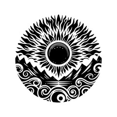 Fototapeta premium Stylized Sun Over Mountains and Water.
