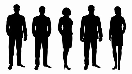 Silhouettes of five business people standing in a row on a white background in formal attire