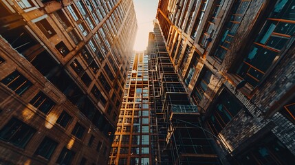 Low-Angle View of Modern and Vintage City Skyscrapers at Sunset