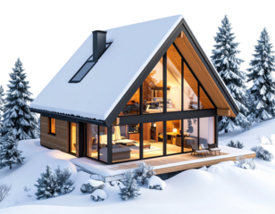 Modern A-Frame Winter Cabin Surrounded by Snowdrifts, angled top-down view, isolated transparent background png