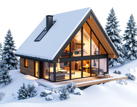  Modern A-Frame Winter Cabin Surrounded by Snowdrifts, angled top-down view, isolated transparent background png