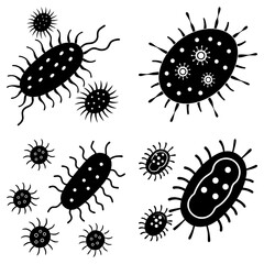 Black and white illustration of various types of viruses and bacteria with different shapes and sizes