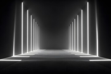 Fototapeta premium Black background with white neon light rays, abstract wallpaper, empty virtual space for product presentation, 3d rendering illustration 