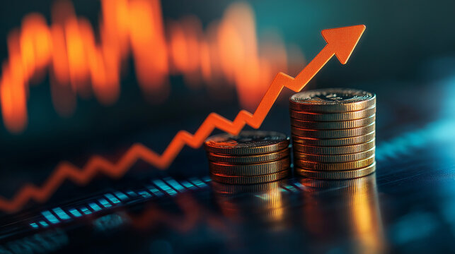 Stacks of coins with an upward trending arrow and graph overlay