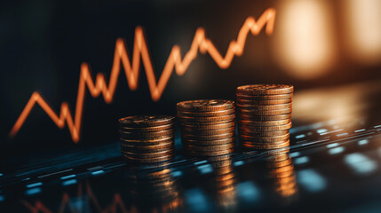 Stacks of coins with an upward trending line graph in the background