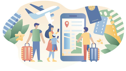 Family planning a trip using a mobile app with airplane, passports and luggage in a travel themed scene