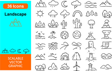 Fototapeta premium Scenic vector icon set for landscapes — includes mountains, trees, rivers, hills, sunrise, nature scenes, and outdoor elements. Perfect for travel, nature, and environmental projects.