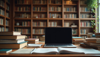 Desk with open laptop, stacked books, and papers in a library study space. Bookshelves filled with volumes create a backdrop for learning, research, and focused work.