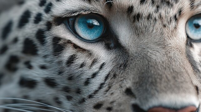 Mesmerizing close-up of a snow leopard's face with strikingly blue eyes