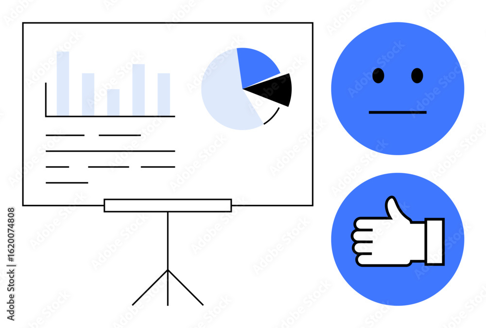 Poster graph and pie chart on a presentation board, neutral face and thumbs-up icons. ideal for data analys