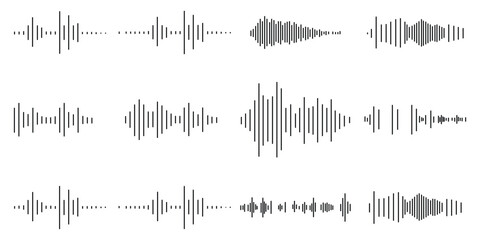 Sound wave set, Black sound waves and audio frequencies, Sound wave, audio wave icons, Set of radio wave icons, Sound wave icon thin line outline set