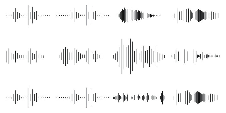 Sound wave set, Black sound waves and audio frequencies, Sound wave, audio wave icons, Set of radio wave icons, Sound wave icon thin line outline set