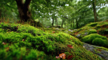 Fototapeta premium Bosque verde con musgo en primer plano y árboles al fondo