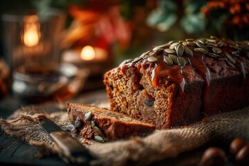 A delicious autumn pumpkin spice loaf cake with caramel glaze and pumpkin seeds.