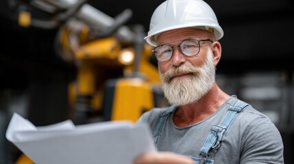 construction manager examines blueprints with focus while wearing a hard hat and glasses. Heavy machinery is visible in the background, indicating an active construction zone