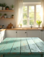 Turquoise wooden table in foreground. Bright white kitchen with window and sunshine in blurred background. Rustic tabletop surface for food display. Clean, empty space for copy.