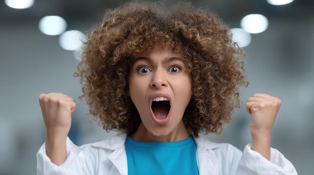 young scientist with curly hair expresses joy and triumph in a laboratory setting, celebrating a recent scientific achievement with an enthusiastic shout