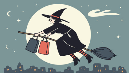 Whimsical witch soars through the night sky with shopping bags celebrating halloween festivities above a silhouetted cityscape