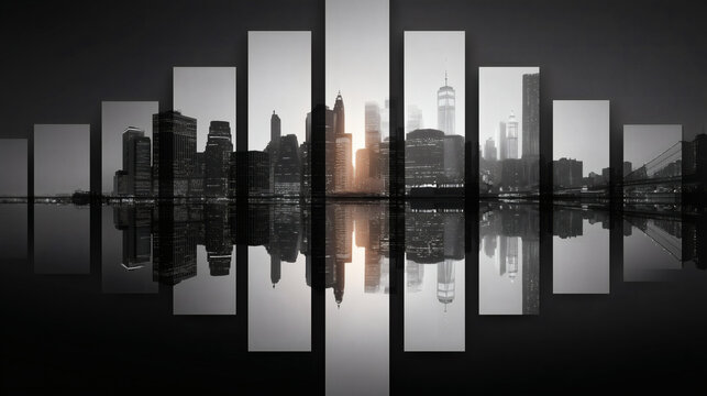 Horizonte urbano con efecto gr&aacute;fico y reflejo al atardecer

