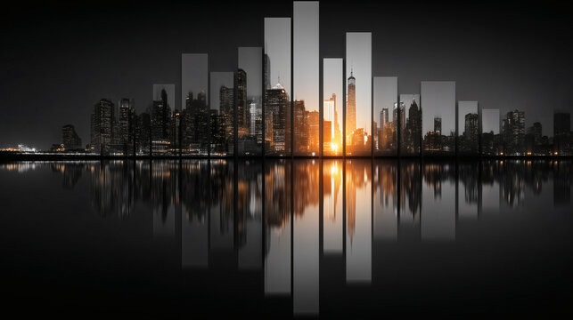 Horizonte urbano con efecto gr&aacute;fico y reflejo al atardecer

