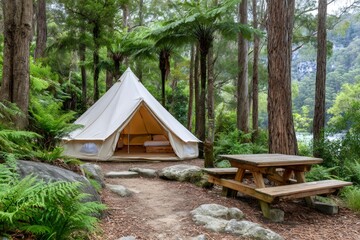 Glamping tent nestled in lush forest near tranquil lake
