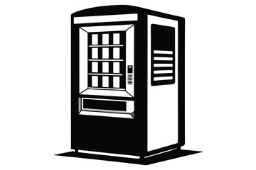 Black and White Vending Machine Illustration with Product Shelves and Buttons Graphic