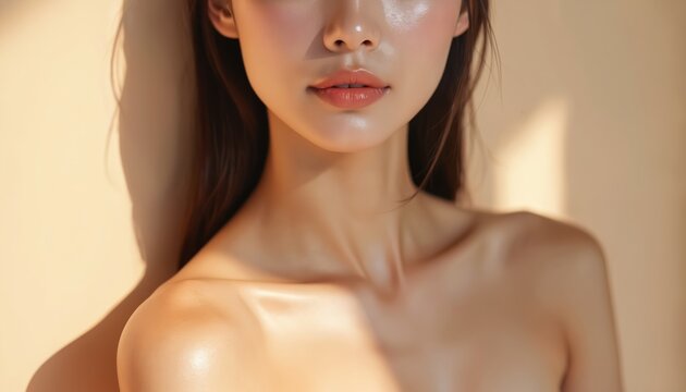 Close-up portrait of young Asian woman with clear skin. Long dark hair, smooth face, healthy complexion. Natural make-up, bright smile, attractive features. Soft light on skin, no imperfections,