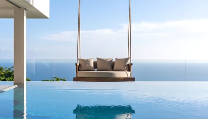 Serene Infinity Pool with Hanging Swing and Ocean View on a Sunny Day