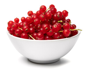 Organic ripe tasty organic berries red currant in ceramic bowl isolated on white studio background