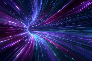 Abstract neon light background with blue and purple rays of energy, conveying a sense of speed and motion in a space tunnel or wormhole effect. 