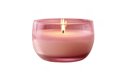 A pink candle burns softly, casting warm light in an inviting indoor environment, creating a relaxing atmosphere