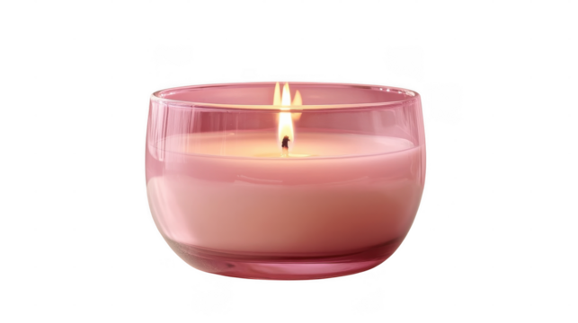 A pink candle burns softly, casting warm light in an inviting indoor environment, creating a relaxing atmosphere