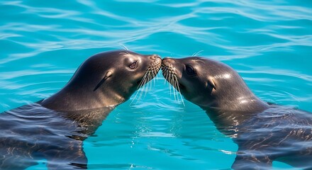 Obraz premium Two Sea Lions Touching Noses in Turquoise Water, Close Up View