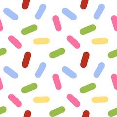 Colorful candy sprinkles pattern with simple rounded shapes on white background. Bright and fun design for kids, textiles, or party themes.
