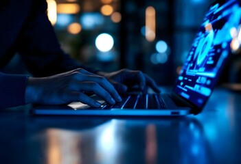 Professional Working Late Night on Laptop with Data Interface