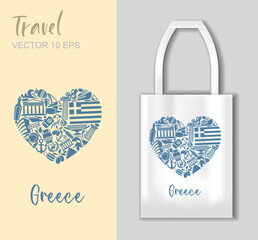 Vector illustration with Greek cultural symbols in a heart shape. Includes famous landmarks, food, columns, and traditional items. Stylish tote bag mockup included. Perfect for travel, souvenir, and G