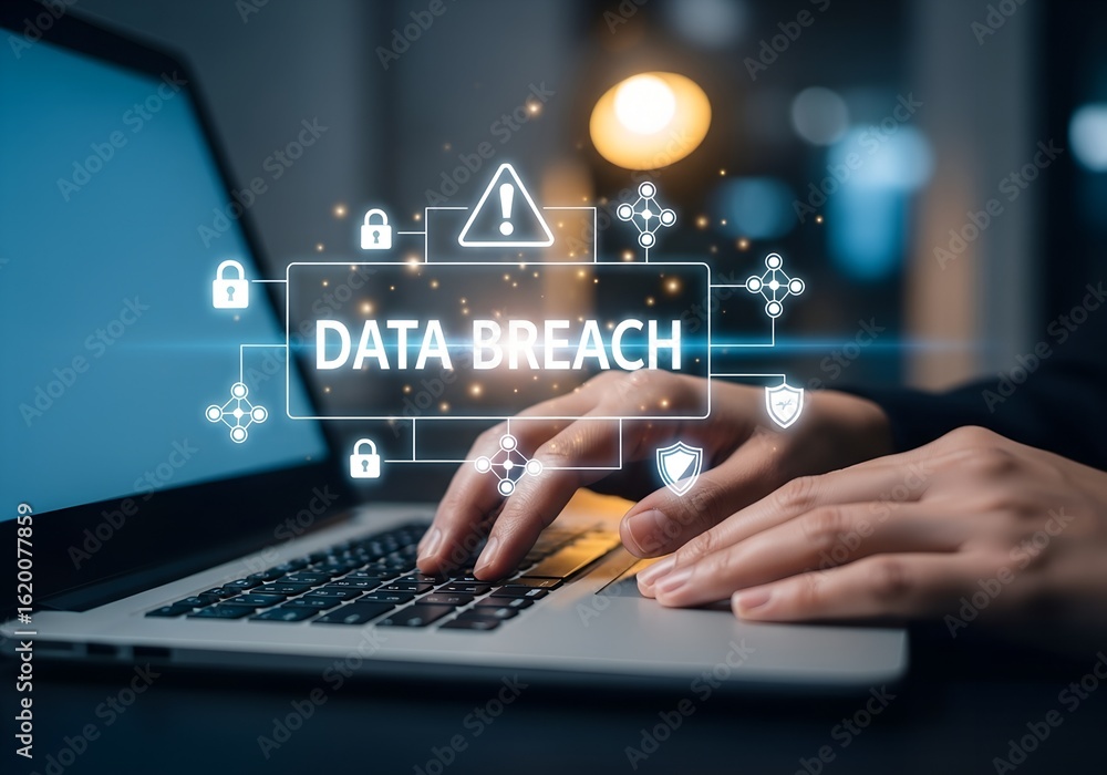 Poster person typing on laptop with digital data breach cyber security graphic hands computer