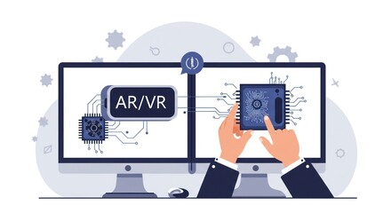 Two computers display circuit boards one with ARVR text