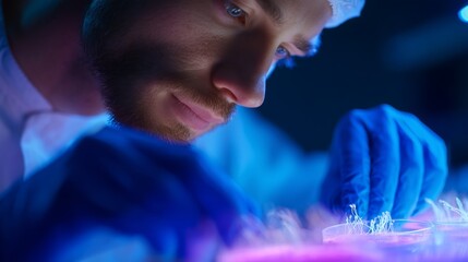 Scientist conducts chemical experiment in laboratory with vibrant colors and focused awareness during nighttime
