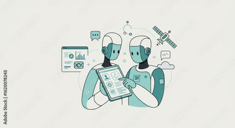 Aufkleber two robots interact with a tablet displaying app icons with data visualizations and a satellite near