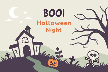 Haunted house Halloween night with trick-or-treaters and moon in orange silhouette art