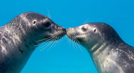 Obraz premium Two Harbor Seals Touching Noses Underwater Against Bright Blue Background