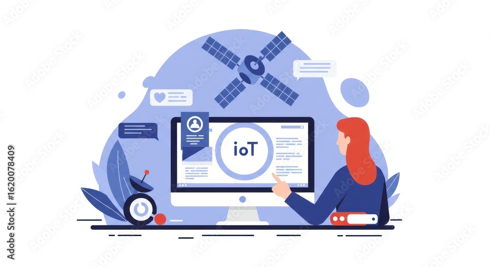 Poster woman interacting with computer displaying iot satellite and robot