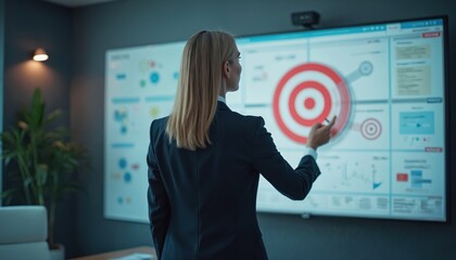 Woman in business suit points at target board on large screen during office brainstorming session. Focus on strategy, goals, teamwork. Digital display shows charts, data, analysis for business growth.