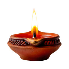 Traditional indian terracotta oil lamp with a bright flickering flame burning isolated on transparent background