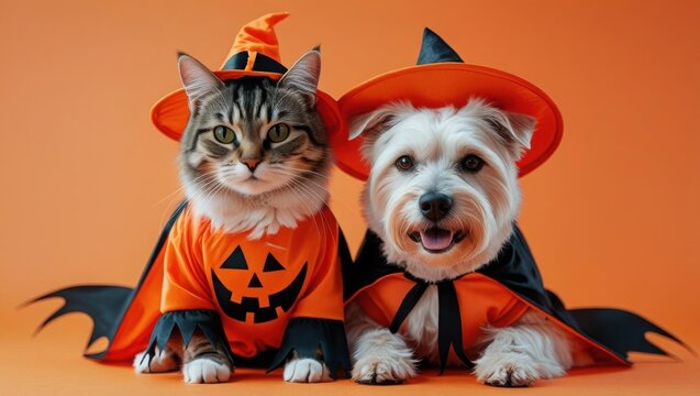 Cute cat and fluffy dog in witch hats and Halloween pumpkin costumes on orange background - Powered by Adobe