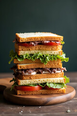 stack of assorted sandwiches with different bread types and fillings, placed on a minimal wooden board, background softly blurred for focus 