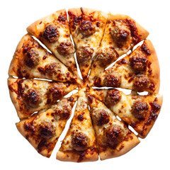 Deliciously baked whole pepperoni pizza cut into twelve triangular slices with melted cheese and crispy crust isolated on transparent background