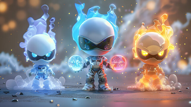 3d Cartoon chibi mutants with pastel fire and ice